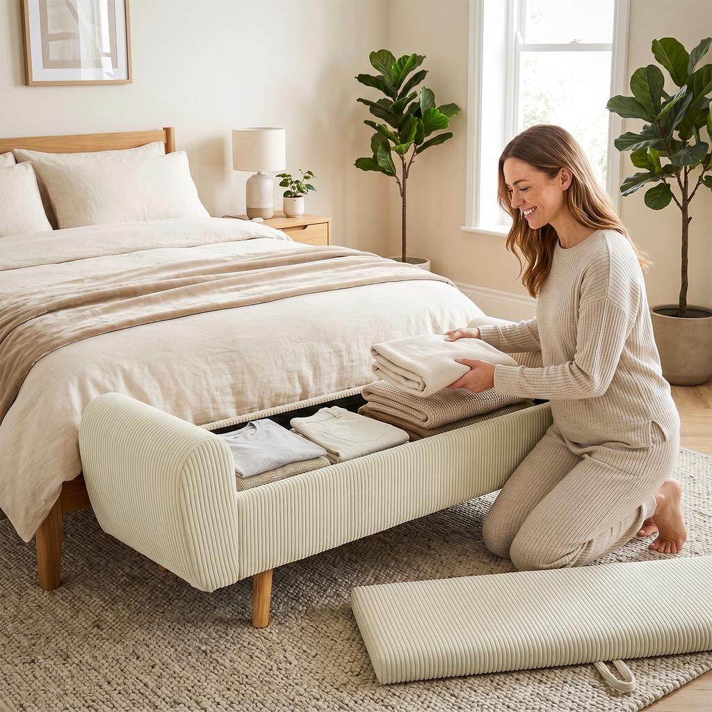 Storage Bench 73 L, Padded Corduroy Storage Chest with Armrests and Rubberwood Legs, Beige