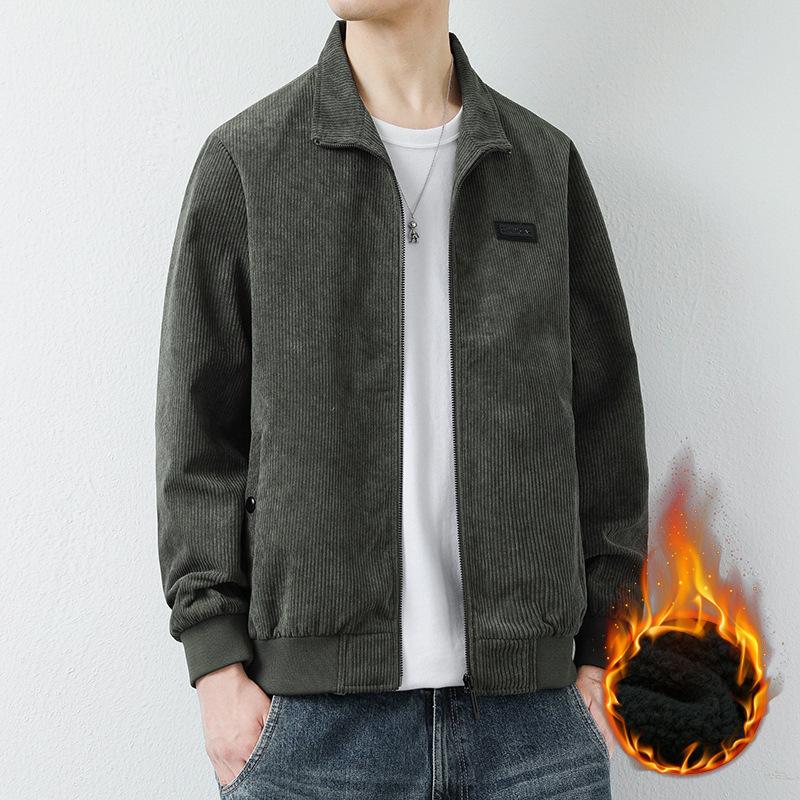 Men's Corduroy Simple Versatile Men's Spring Long Sleeve Lapel Fleece Loose Men's Casual Jacket Thick Men