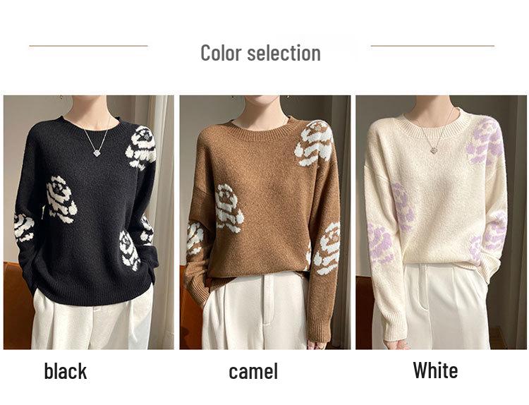 Women's French Style Round Neck Jacquard Wool Sweater - Loose Autumn/Winter Knit Pullover