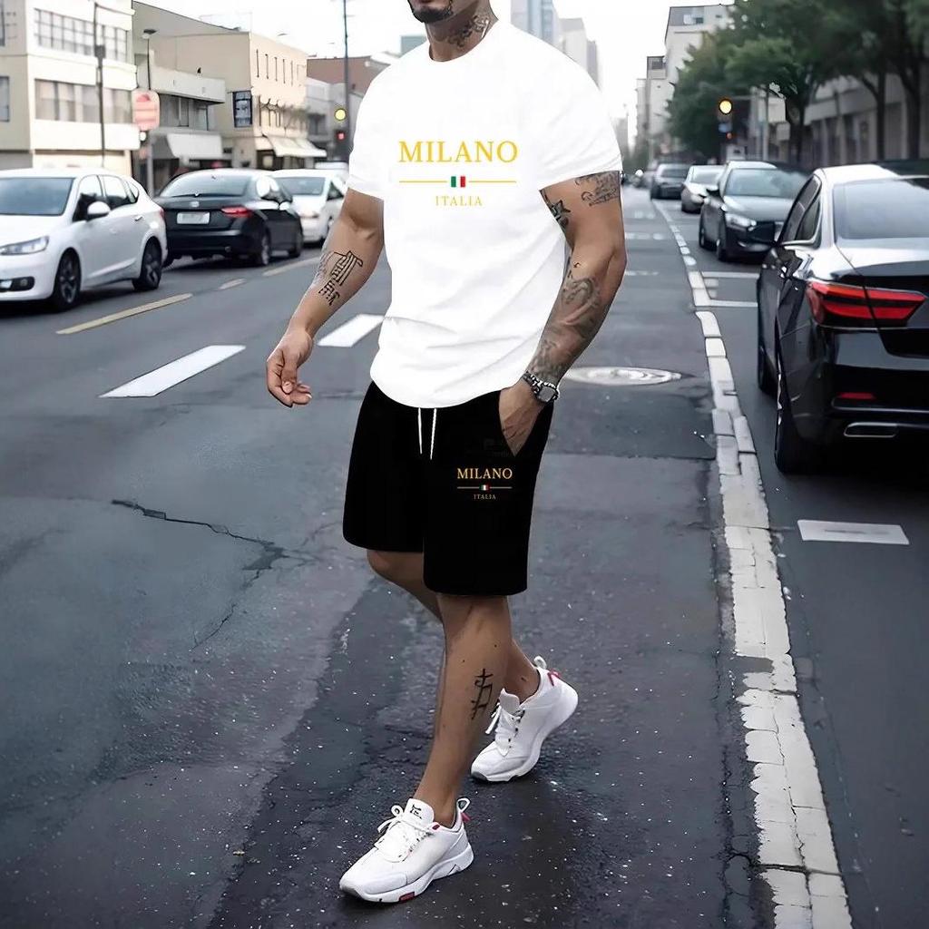 Men's Plus Size Round Neck T-shirt and Shorts Fitness Set