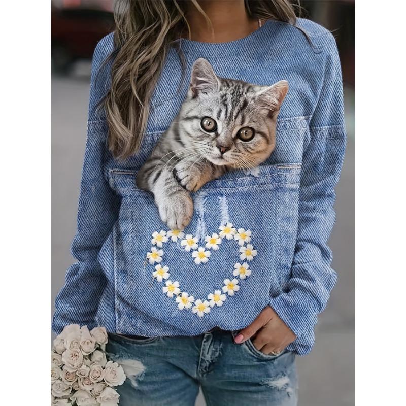 Women's Cute Cat Pattern Printed Women's Casual Long Sleeve Round Neck