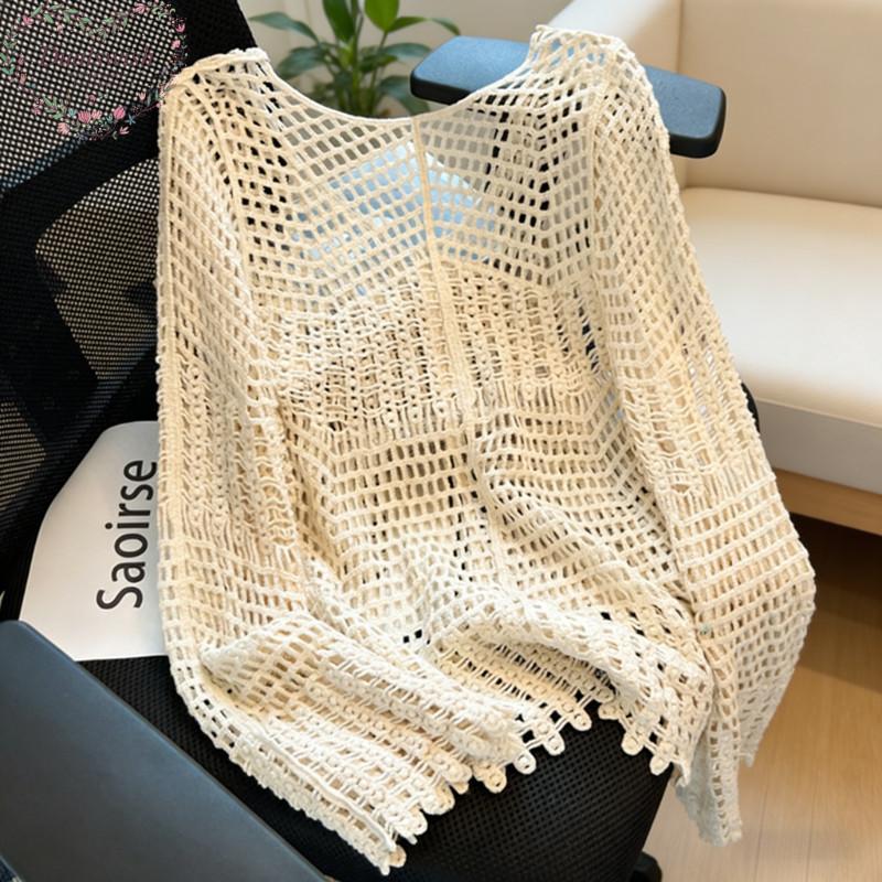 Korean Style Hollow Out Knit Top For Women New Loose Fit Long Sleeve Pullover Casual Versatile Sheer Mesh Blouse With Unique Design Sense