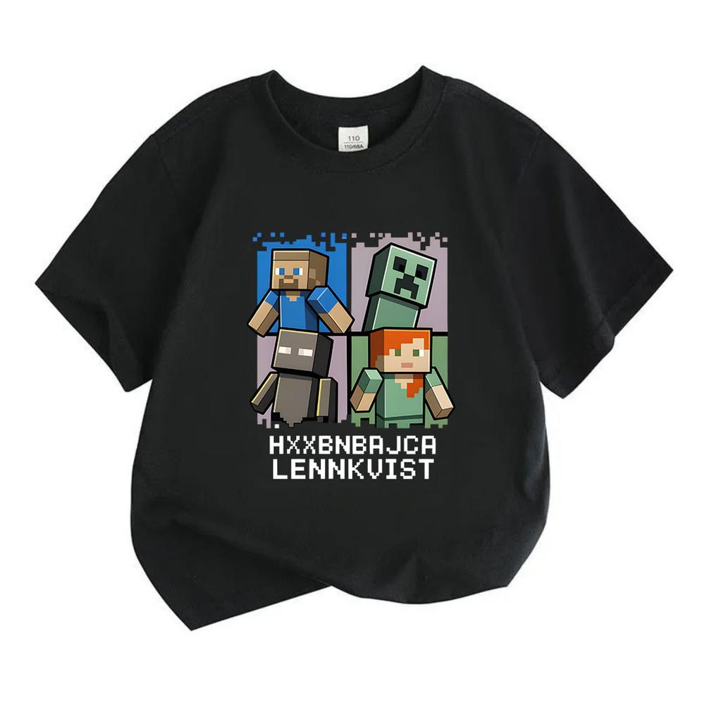 Kids Boys Girls Crew Neck Short Sleeve 100% Cotton T-Shirt, Cute Pixel Game Characters Printed Casual Soft Breathable Summer Tee for Youth Daily Wear