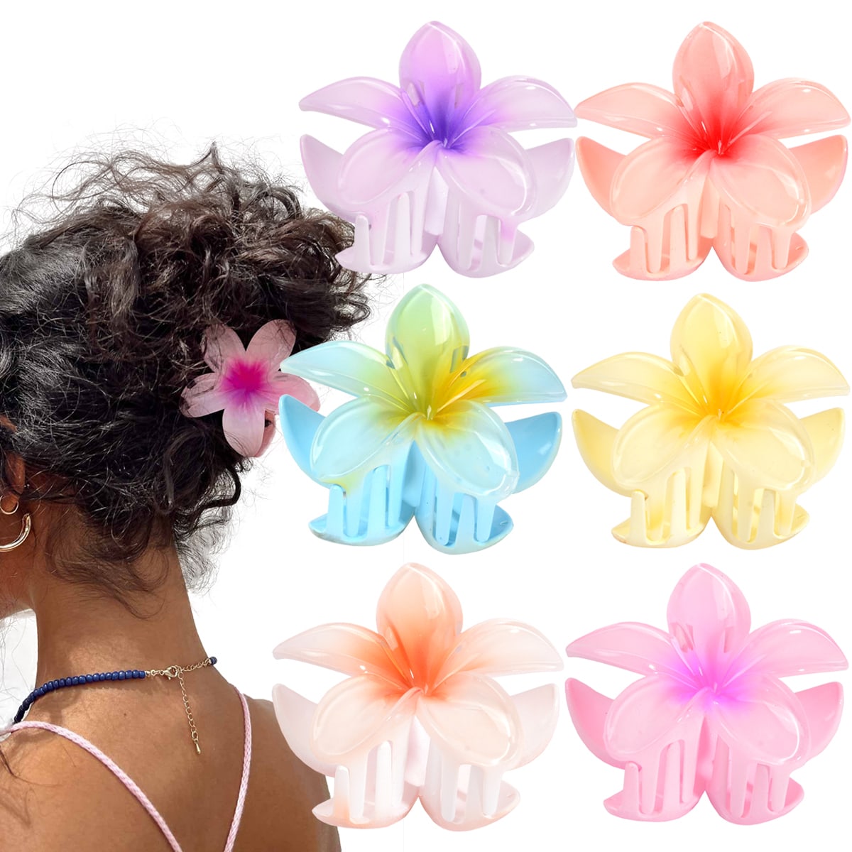 

6Pcs Plumeria Flower Hair Claw Clips for Women, Large Non-Slip Hair Clamps, Summer Beach Hair Accessories for Thick Hair & Vacation