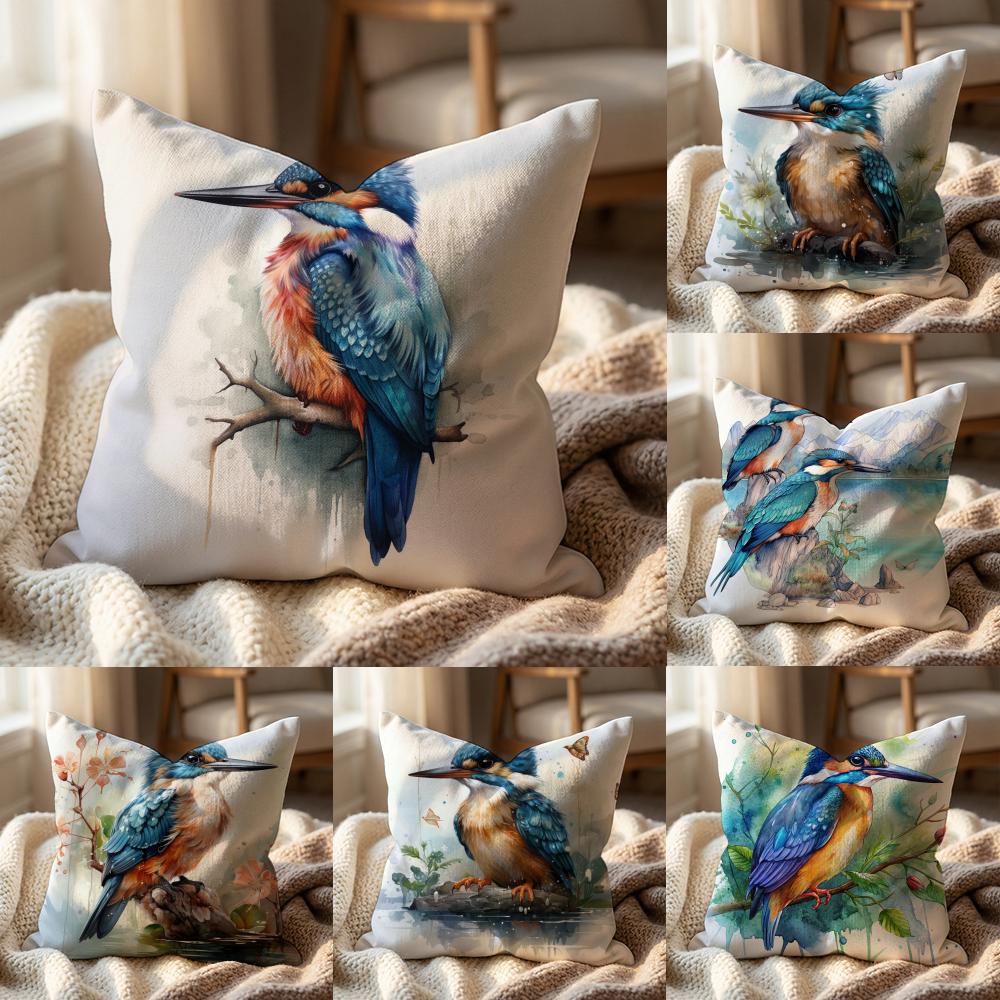 Kingfisher Watercolor Painting Cushion Cover Multi-Scene Pillow Cover for Home & Car - Reversible, Soft & Durable for Daily Use