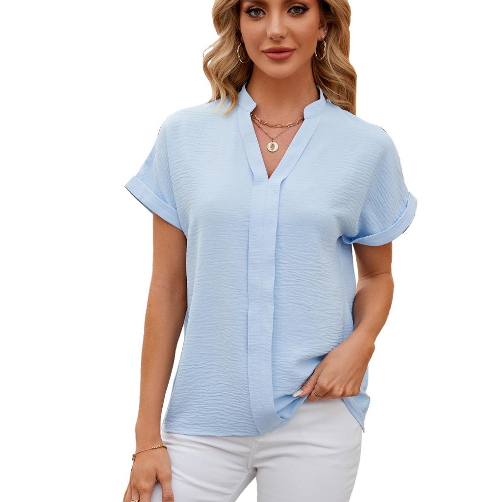 Spring Summer New Solid Color V-neck Short Sleeve Loose Casual Chiffon Blouse For Cross-border Women