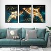 Set Of 3 Blue Abstract Ocean Gold Whale And Fish Luxury Living Room Aisle Home Decoration Wall Art Print Picture Canvas Poster Painting