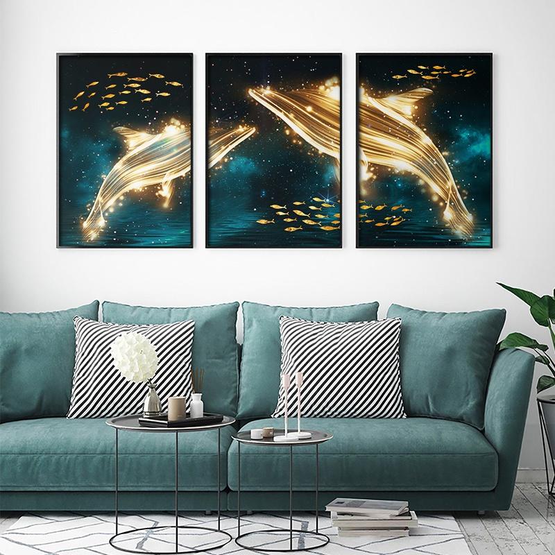Set Of 3 Blue Abstract Ocean Gold Whale And Fish Luxury Living Room Aisle Home Decoration Wall Art Print Picture Canvas Poster Painting