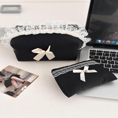 Black Lace Bow Makeup Bag Large Capacity Toiletry Bag Travel Cosmetic Organizer Cute Korean Portable Pouch For Women