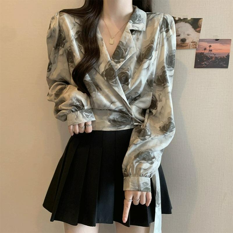 

Suit Collar, Straps, Waist, Floral Shirt, Women s Autumn Plus Size Fat Mm Retro Light Mature Temperament, Thin Top 3XL чорний