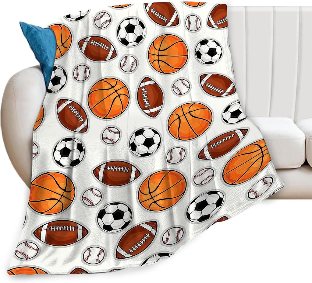 Sports Ball Pattern Throw Blanket Basketball Football Soccer Baseball Design for Kids Room Decor Gift for Him BoyGift