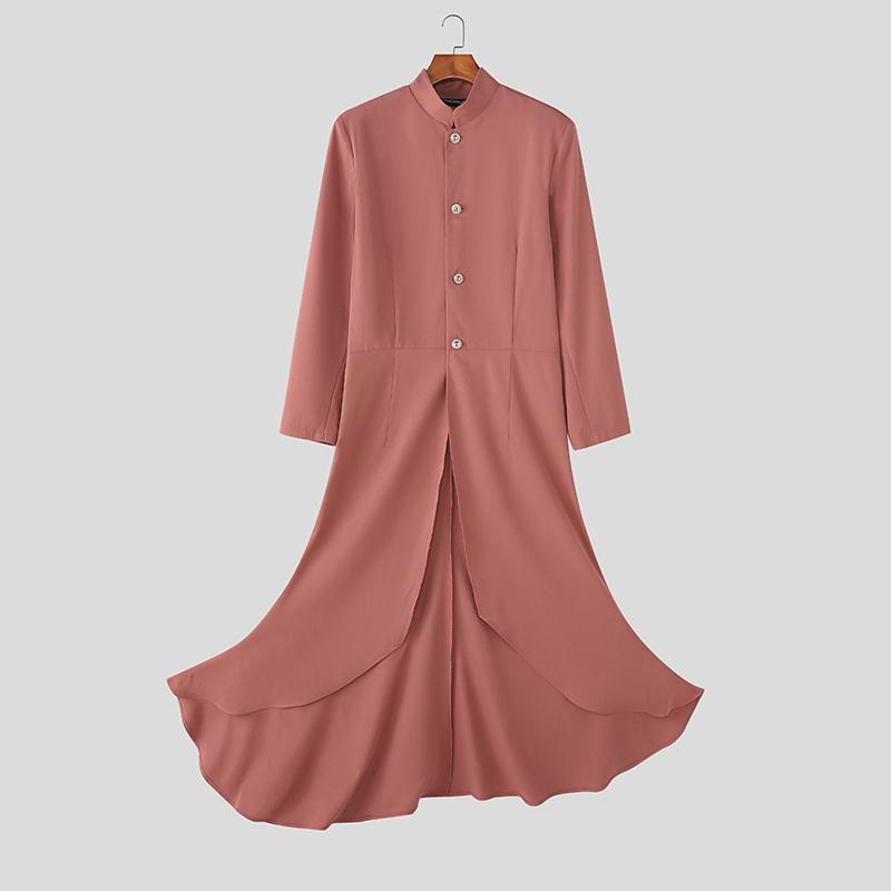 INCERUN Men Stand Neck Long Sleeve Pleated Split Irregular Long Tunic Tops