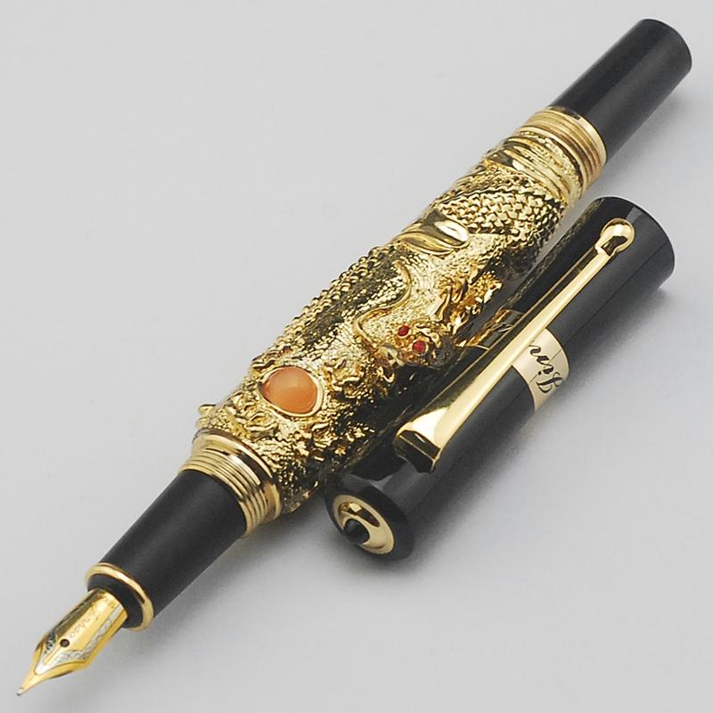 Jinhao Летающий Дракон Старинная Перьевая Ручка, Металлический Рельеф Иридиевое Тонкое Перо Благородный Золотой Цвет Деловая Для Офиса и Школы