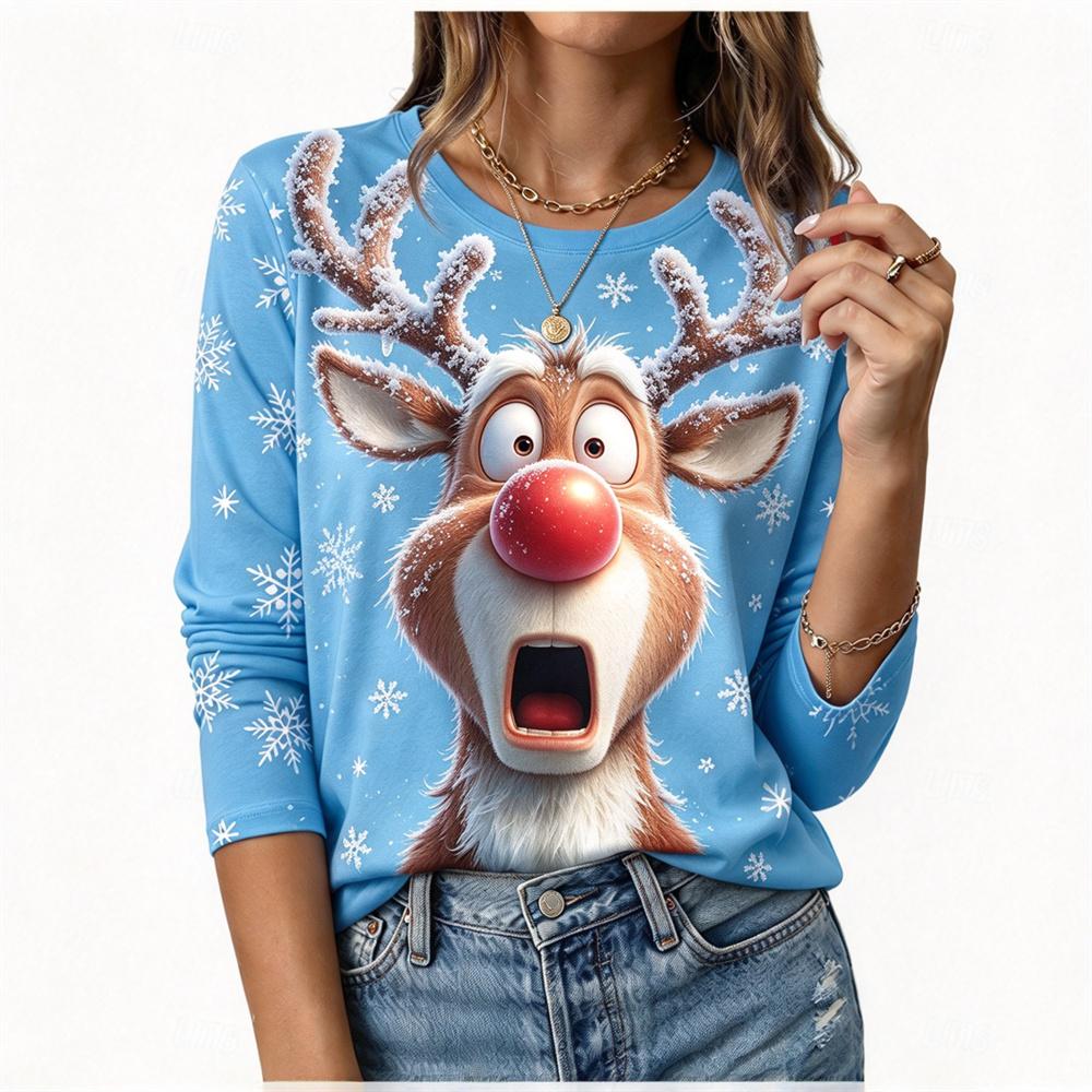 Funny Elk T-shirt Autumn/Winter Women's Christmas Long sleeved T-shirt Cotton Women Christmas Holiday Party Graphic T-shirt Tops
