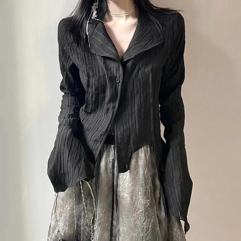 2KWEIRD Gothic Black Shirt Yamamoto Style Dark Aesthetic Blouse Women Irregular Designer Clothes Emo Alt Clothes Grunge Tops Y2k