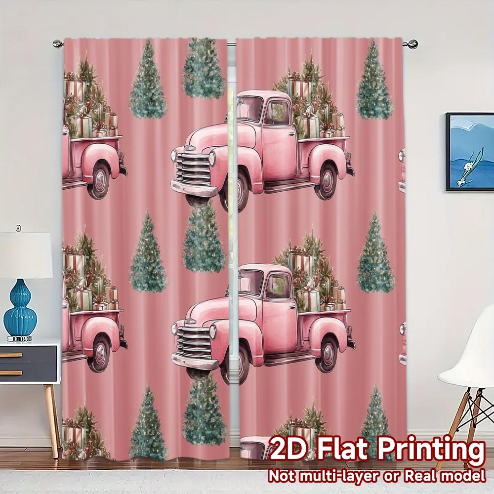 

Set Of 2 Flat Printing Jit Curtains Without Rod Festive Truck Journey Fashionable Chic Polyester Curtain Made W100*H70(CM)-Grommet top&1PCS