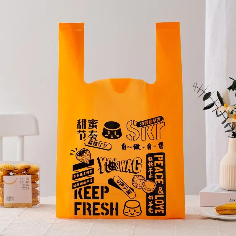 50pcs Disposable Peach Fruit Pattern Hand Bag Packaged Flower Takeaway Bags Snack Double Ear Plastic Vest Handle Shopping Pouch