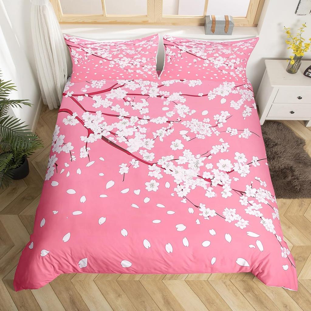 Cherry Blossoms Bedding Set for Boys Girls Japanese Style Floral Botanical Comforter Cover Twin King Sakura Flower Duvet Cover