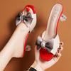 New Crystal Heel Middle Heel Sweet One word Flip Bow Tie Cool Slippers Women's Summer Outwear Versatile Thin Heel High Heel