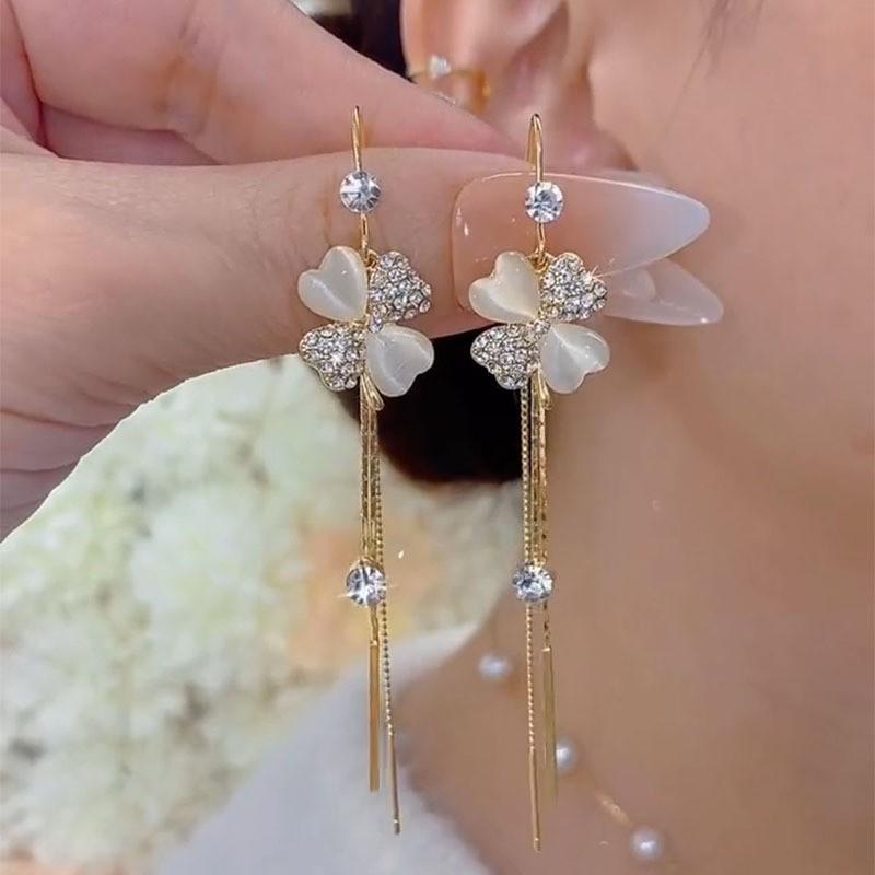 Elegant Long Tassel Flower Earrings Delicate Versatile Cat Eye Stone Women