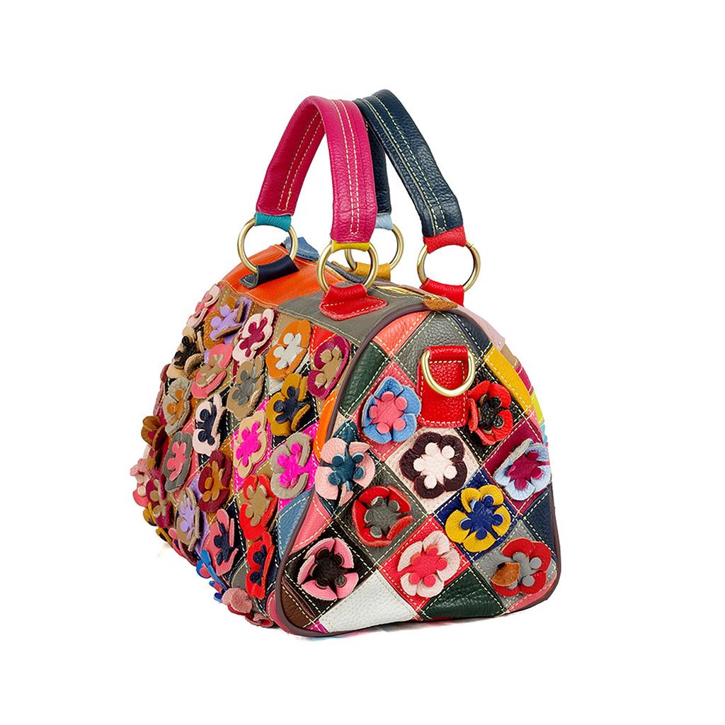 Dámská ručně vyráběná kožená crossbody kabelka barevná květinová mozaika náhodné barvy