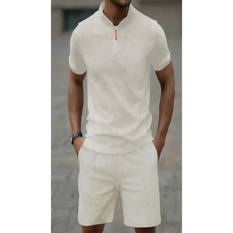 Men Casual Sports Waffle Short Sleeve And Shorts Two Piece Set
