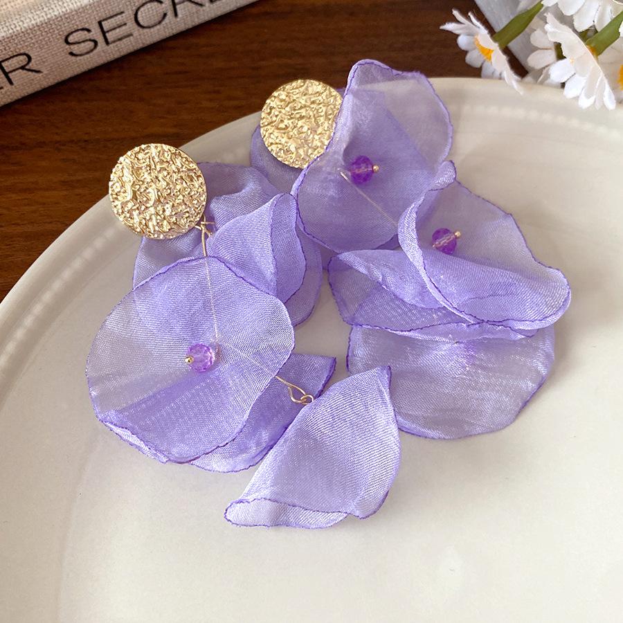 

Silver needle pleated round chiffon flower fringed earrings seaside vacation style temperament earrings niche high-end earrings women