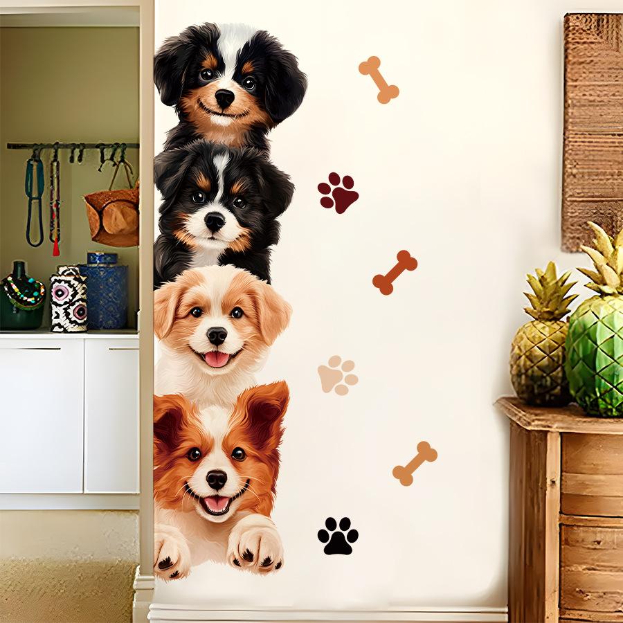 Kawaii Dog Stack & Paw Print Wall Stickers Removable Closet Door Living Room Decal