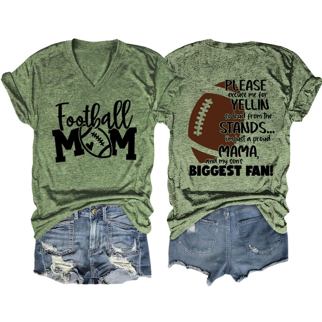 Summer new Vneck Tshirt Football Mom print loose casual shortsleeved top ladies all fashion pullover