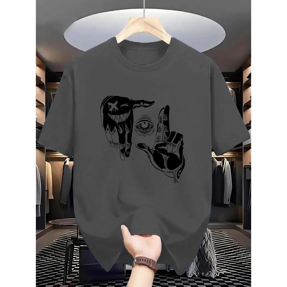 Summer Men's 100% Pure Cotton Casual Loose Plus Size Gesture Eye Personalized Pattern Printed Round Neck Short Sleeved T-shirt