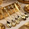 6 buc. Vintage linguri furculiță stil regal auriu sculptat cafea ceai lingură gustări fructe prikkers desert furculiță set tacâmuri instrument de bucătărie