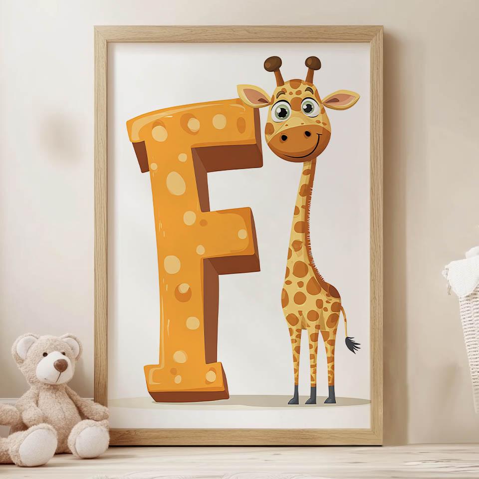 Plakat Żyrafa I Litera F Plakat Żyrafa I Litera F, 30X40 Cm, Rama Drewniana Jasny Dąb, Papier Matowy 230 Gsm