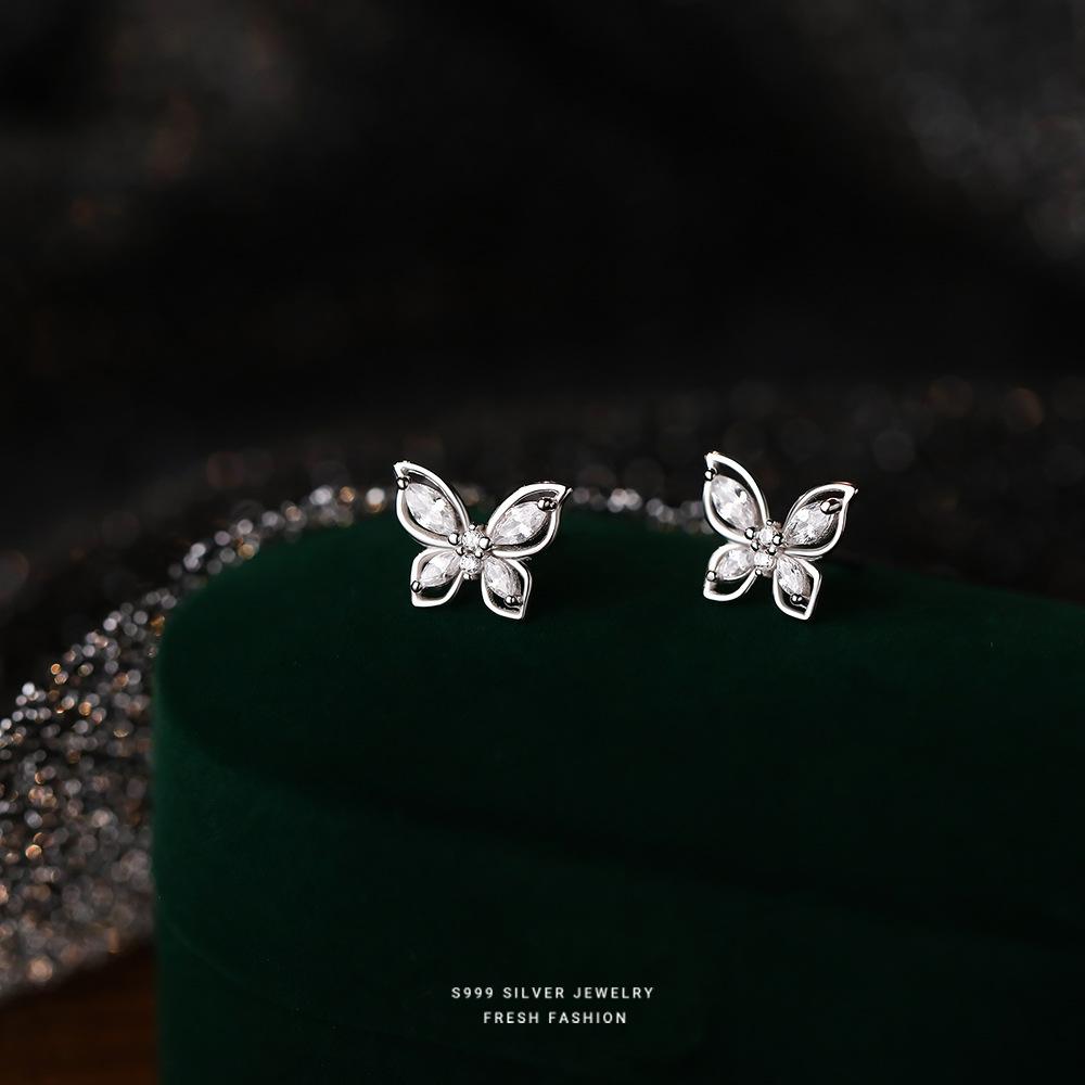

Real 999 Sterling Silver Fashion Romantic Delicate Zircon Butterfly Stud Earrings For Women Wedding Fine Jewelry серебряный
