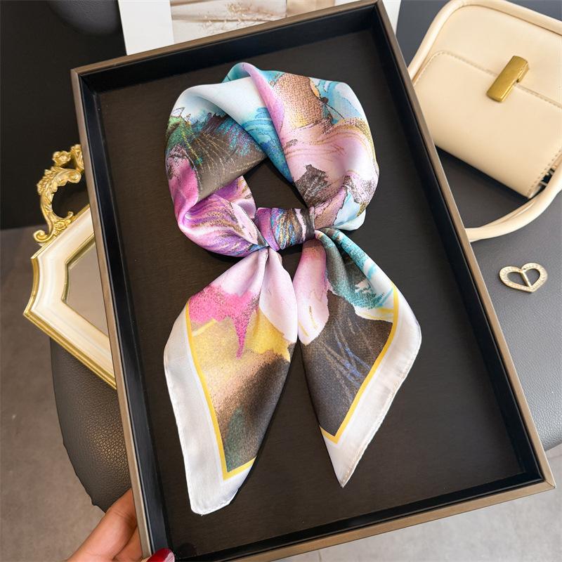 New Floral Print Shawl Square Scarf For Women Soft Satin Wraps Neckerchief Female Hair Bands Ribbon Headband Bandana