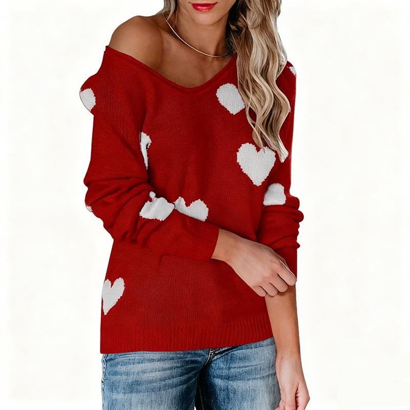 Ladies Autumn Winter Long Sleeve V Neck Pullover Love Heart Loose Knitted Sweater Knitwear Top