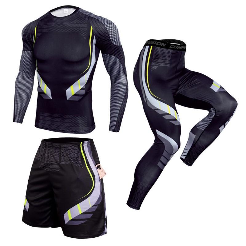 Mens Quick-Dry Athletic Set: Compression Running Pants Long-Sleeve Tee Gym Basketball Outdoor Fitness