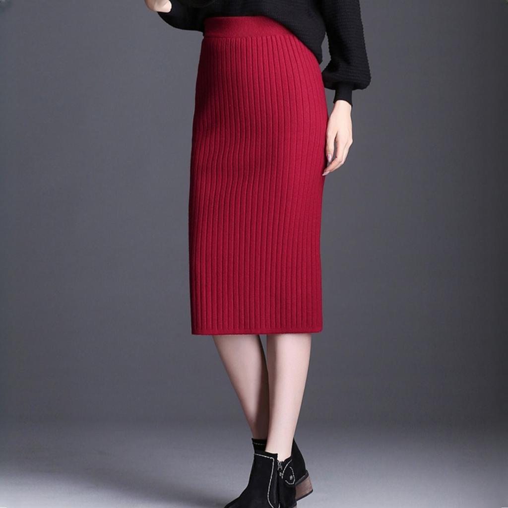 High-End Women's Autumn Winter Thickened Knitted Midi Skirt Slit Bodycon Pencil Skirt Slim-Fitting Wool Skirt