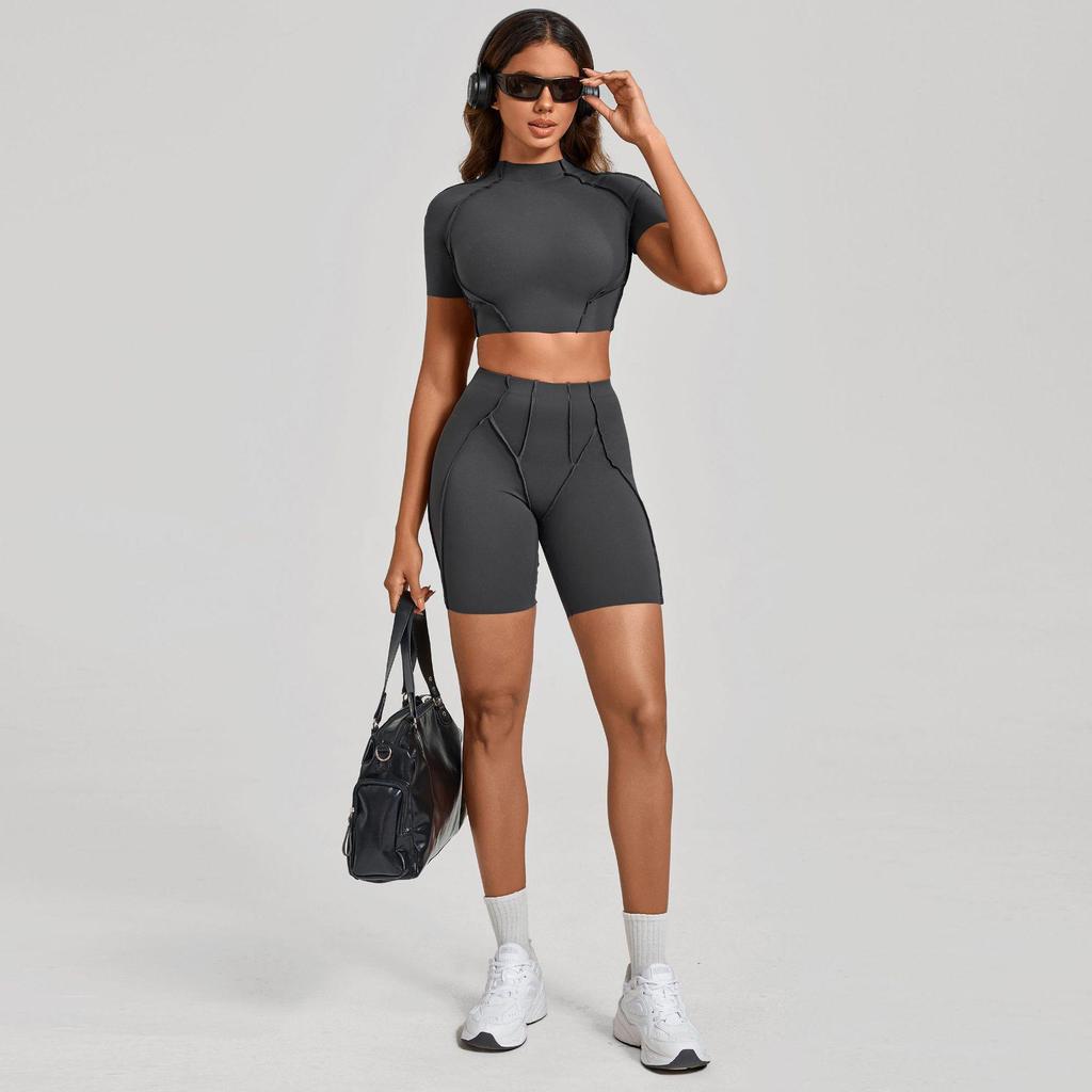 European & American 3D Patchwork Quick-Dry Yoga Set: Tight Short Sleeve & Shorts