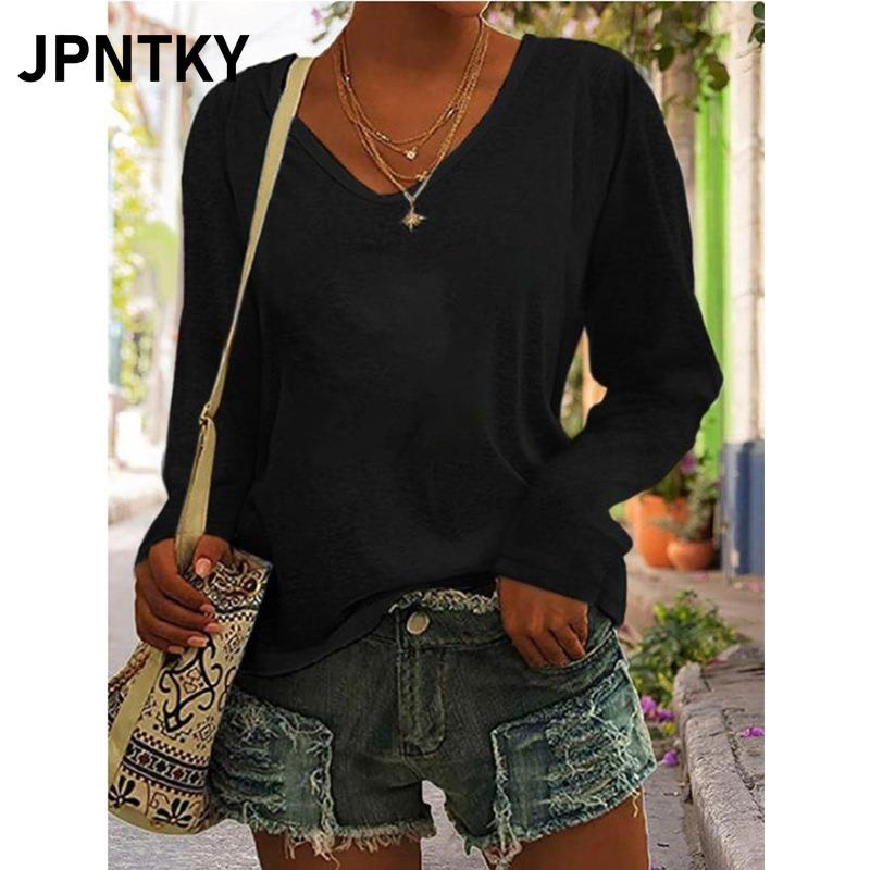 JPNTKY Women's Fashion Casual Solid Color Print V-Neck Long Sleeve Blouses & Shirts