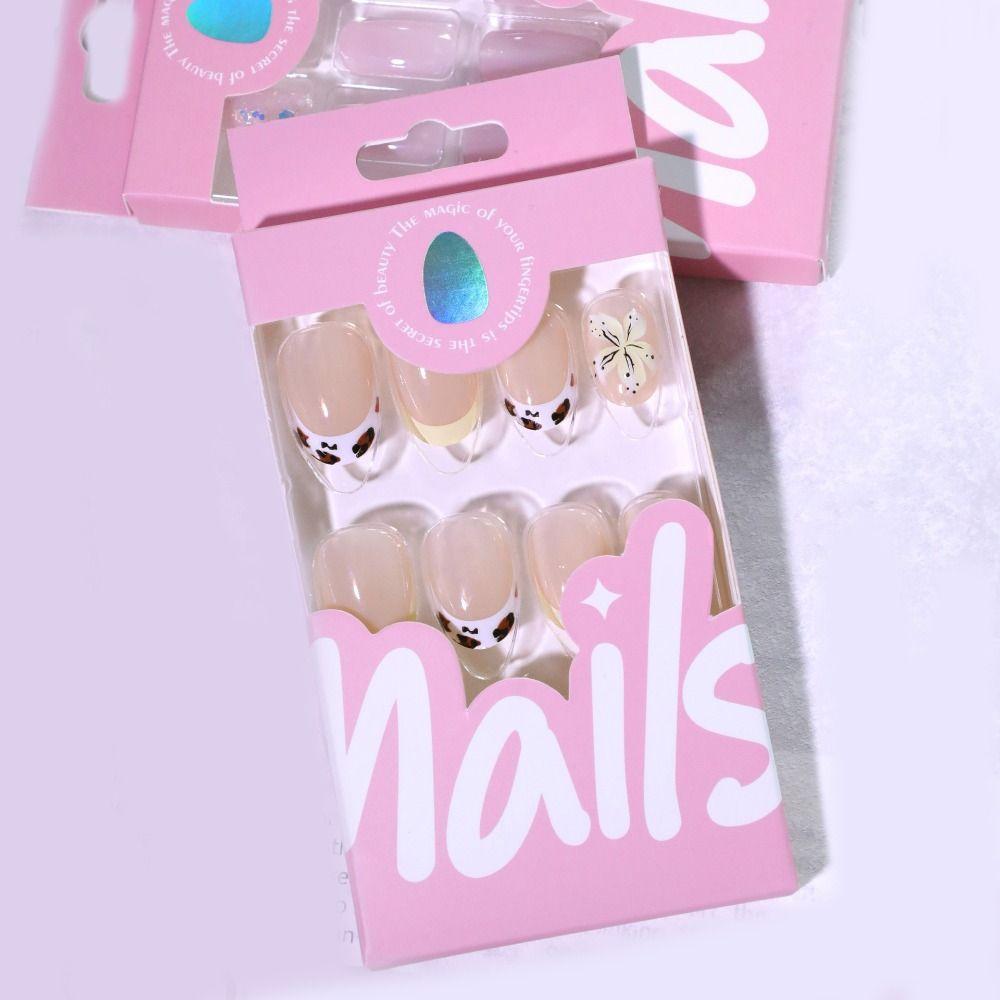 24pcs Manicure Oval False Nails 3D Flower Detachable Press On Nails French Fake Nails DIY