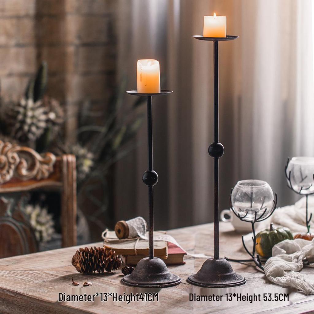 Vintage Iron Art Candlestick: European Retro Nostalgic Ornament for Dining Table or Living Room Decor.