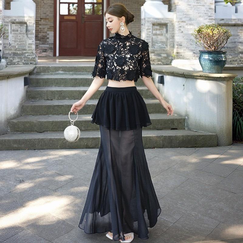 Thai Holiday Wear Black Flower Hollow Lace Short Top Streamer Fishtail Half-body Gauze Skirt Set