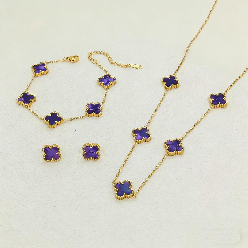 Set de Joyería de Acero de Titanio Madreperla Doble Cara Trébol de Cuatro Hojas con Pulsera, Collar y Pendientes