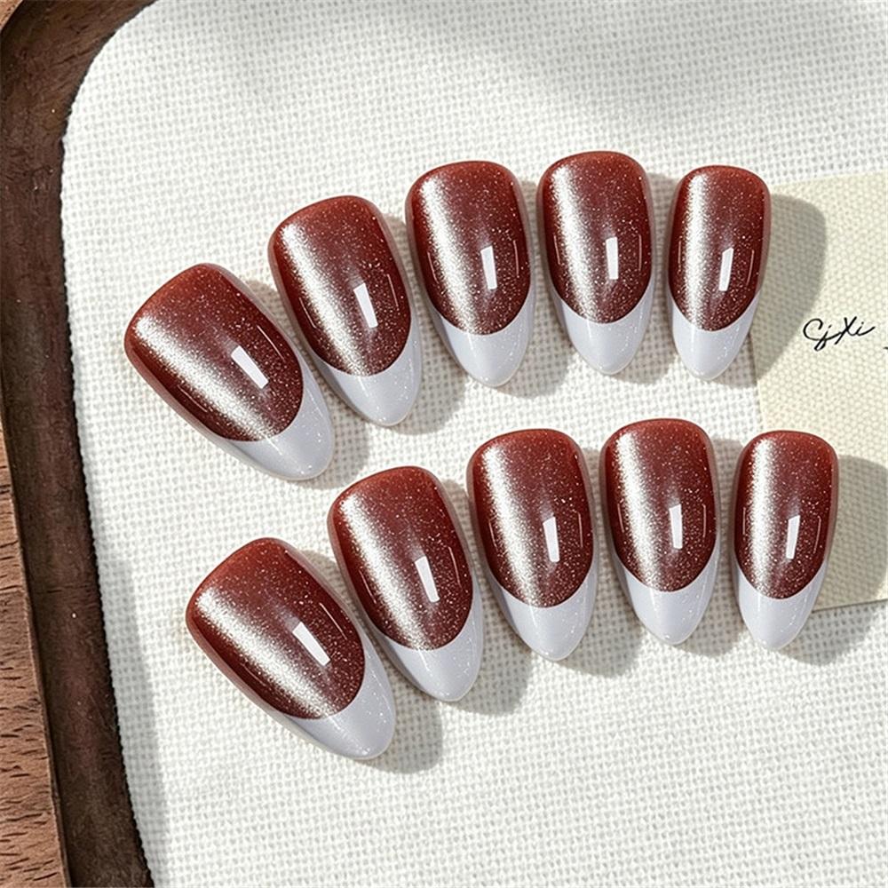 Solid Color Cat Eye Wear Nails Medium Long Almond Nails Simple French Style Removable Fake Nails