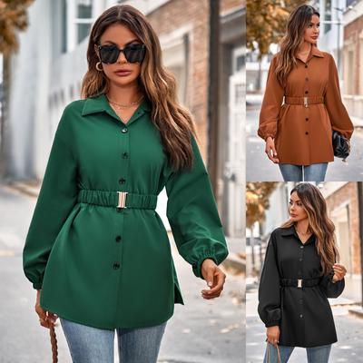 Women's Solid Color Shirt Collar Single Breasted Belt Shirt Coat Casual Autumn and Winter Blouse S~XL Size