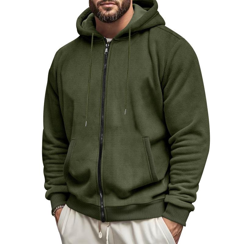 Men Waffle Knit Full Zip Hooded Jacket Fleece Lined Solid Color Casual Outerwear Coat
