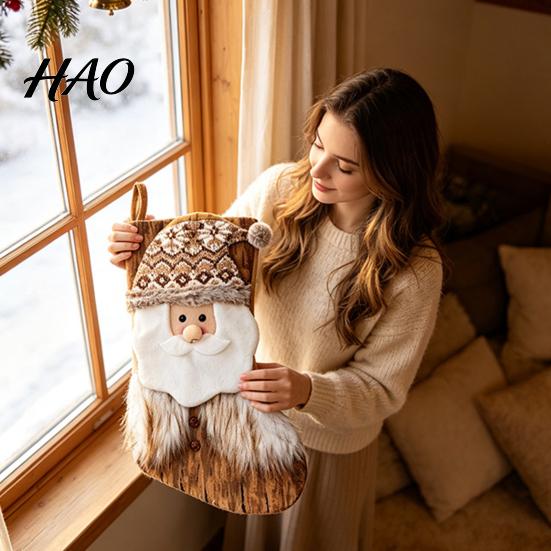 Christmas Scene Setup Decor Large Stockings, Santa Snowman Elk Design Plush Hanging Bag, Xmas Tree Pouches Rustic Plaid Socks for Fireplace
