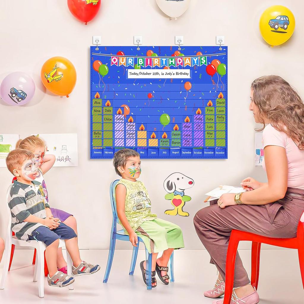 Eamay Happy Birthday Pocket Chart, Blue Birthday Graph Bulletin Board for Classroom