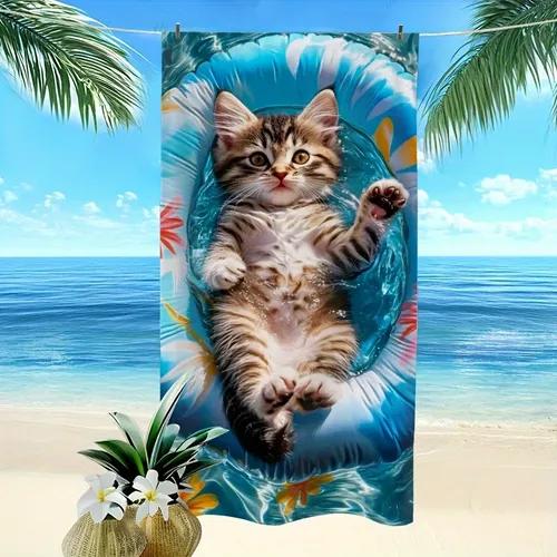Summer Cute Cat Print Beach Towel Quick Dry Microfiber Pool Towel Soft Sand Free Towel for Travel Camping and Beach Activities