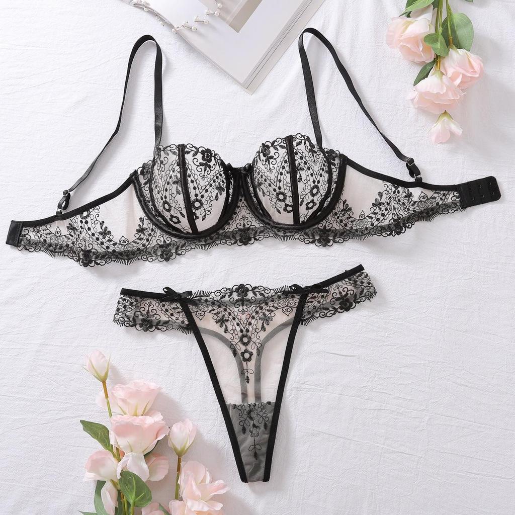 Women's Sexy Thin Bra Set Floral Embroidery Mesh Splicing Lingerie Set Push-Up & Breathable Bra Lingerie Set
